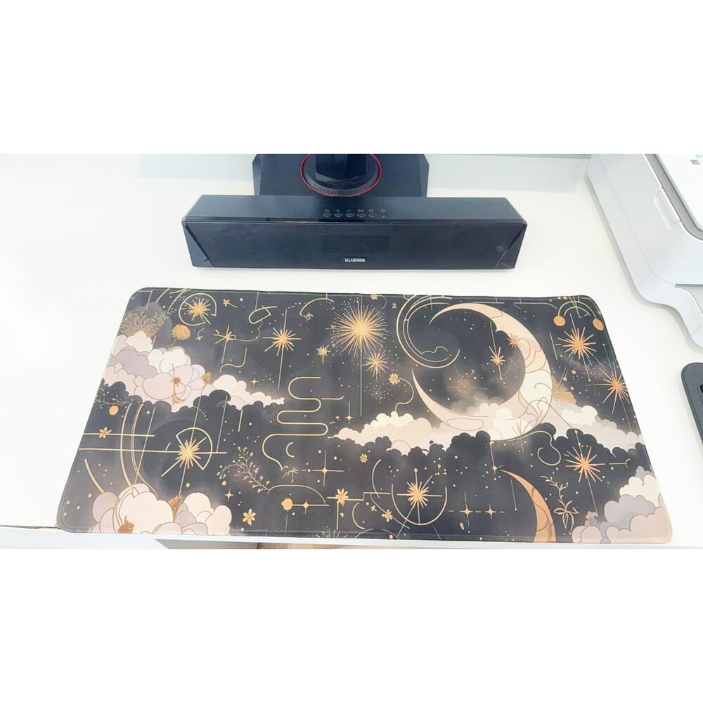 Celestial Moon & Stars Extended Mouse Pad - Black Gold Desk Mat